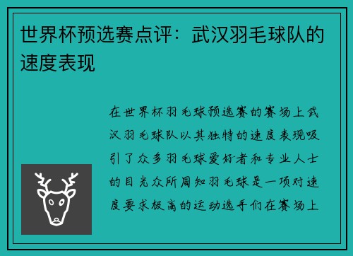 世界杯预选赛点评：武汉羽毛球队的速度表现