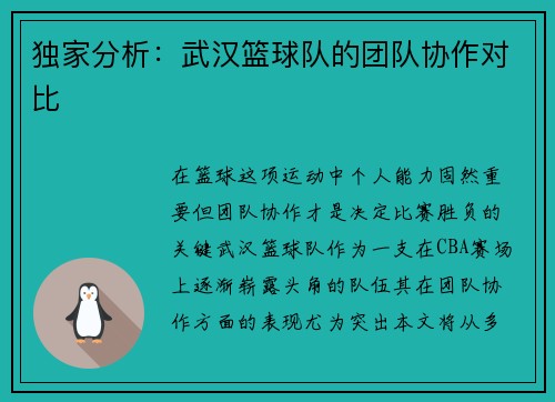 独家分析：武汉篮球队的团队协作对比