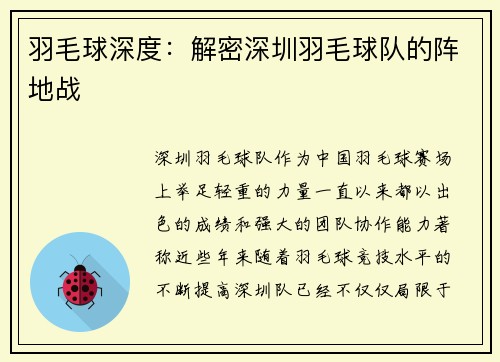 羽毛球深度：解密深圳羽毛球队的阵地战