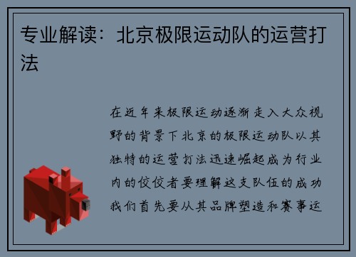 专业解读：北京极限运动队的运营打法