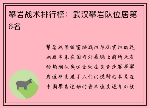 攀岩战术排行榜：武汉攀岩队位居第6名