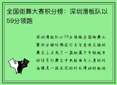 全国街舞大赛积分榜：深圳滑板队以59分领跑