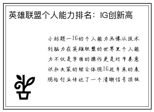 英雄联盟个人能力排名：IG创新高