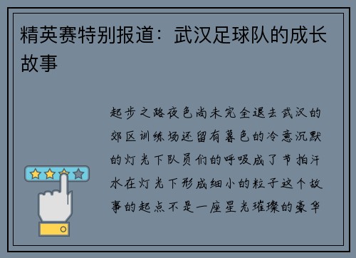 精英赛特别报道：武汉足球队的成长故事