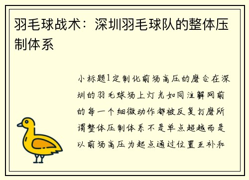 羽毛球战术：深圳羽毛球队的整体压制体系